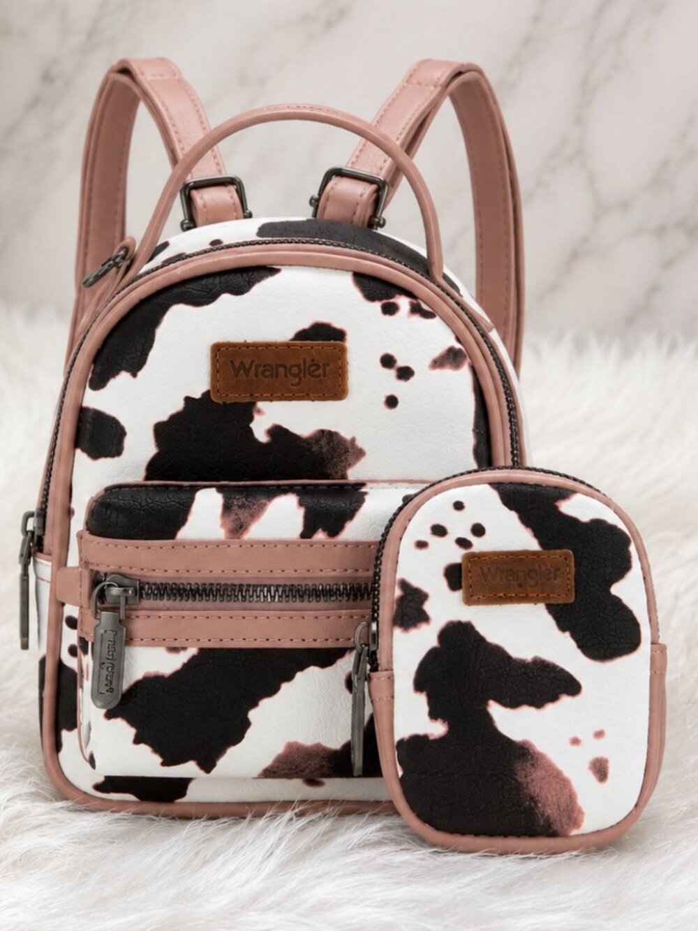 Wrangler Cow Print Mini Backpack with Matching Pouch – Pink Trim